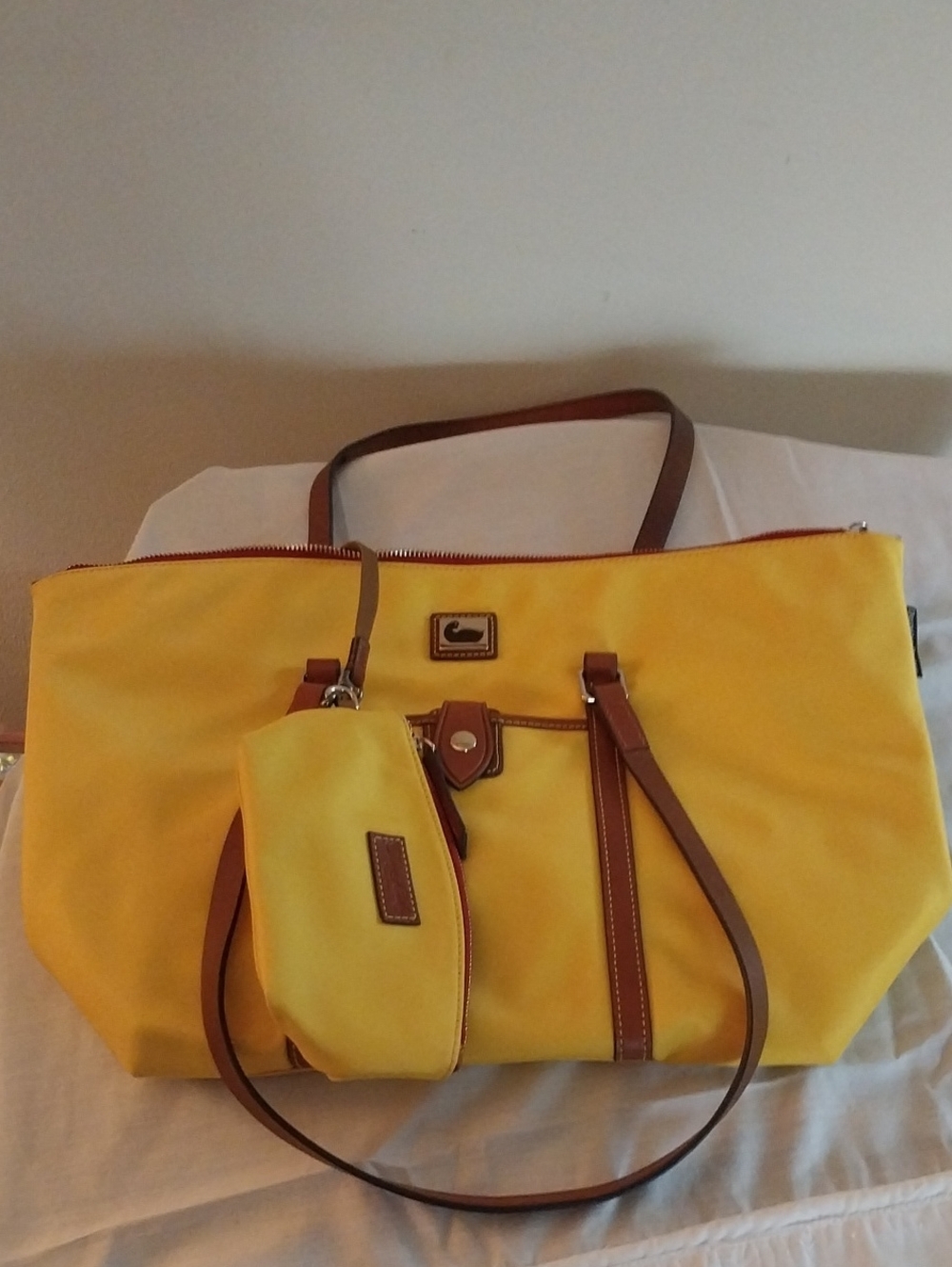 Dooney & Bourke Yellow Tote with Brown Trim and Pouch